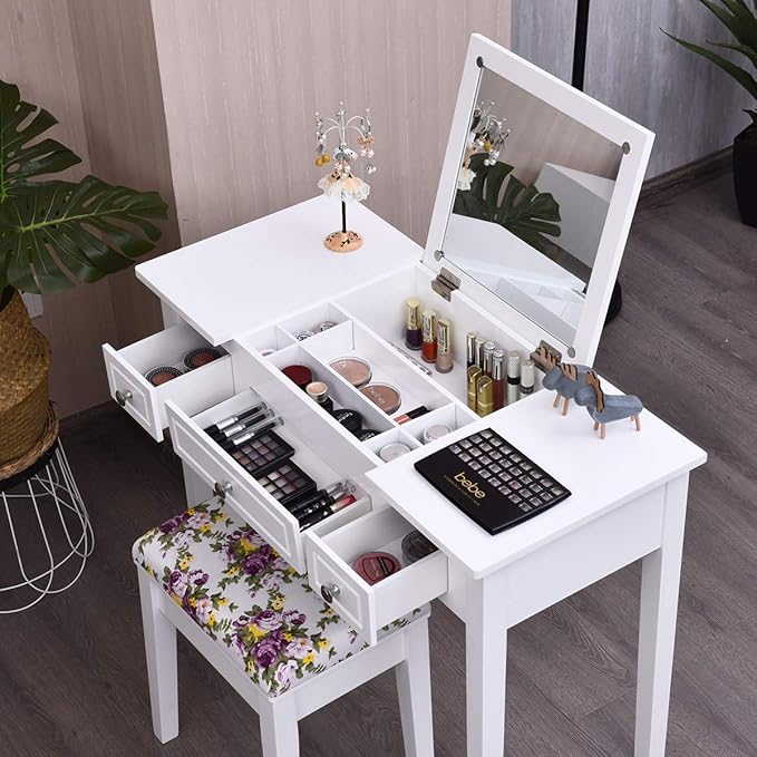 CHARMAID Makeup Vanity Desk with Flip Top Mirror, 3 Drawers, 7 Storage Compartments, White Writing Desk Dressing Table Vanity Set with Cushioned Stool for Girls Women, Easy Assembly