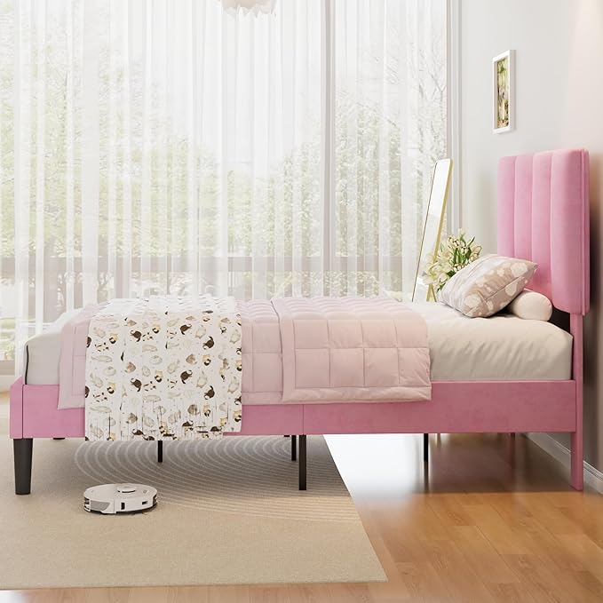 VECELO Twin Size Bed Frame with Upholstered Headboard, Heavy-Duty Bedframe with Wooden Slats & Steel Framework, Easy Assembly, Pink