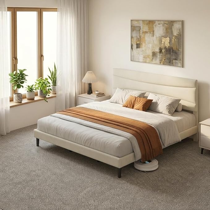 IDEALHOUSE King Size Upholstered Platform Bed Frame with Ergonomic Headboard, Beige Soft Fabric, Heavy Duty Wooden Slats, Noise-Free, 6.3" Underbed Storage, No Box Spring Needed, Easy Assembly