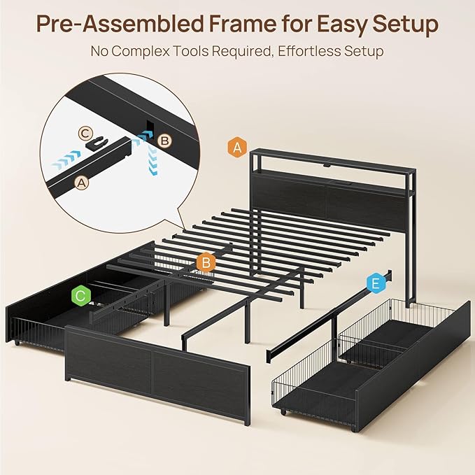 Rolanstar Full Size Bed Frame with 4 Storage Drawers & 2-Tier Storage Headboard, Metal Platform Bed Frame with Charging Station & LED Lights, Noise-Free, No Box Spring Needed, Easy Assembly, Black Oak