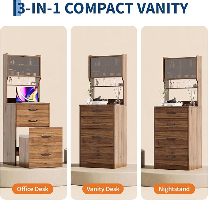 GarveeLife Compact Vanity, Make Up Vanity Desk with Mirror and Lights, White Vanity Table Set with Charger Station,Girls Small Vanity and Storage Chair