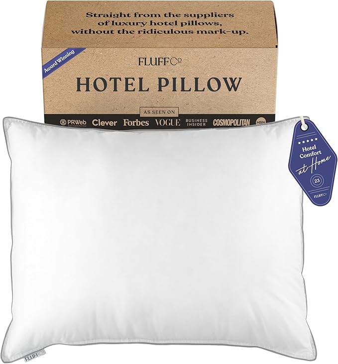 FluffCo Zen Fluff™ Down Alternative Bed Pillow - Luxury Hotel Quality - 300 TC Cotton Shell - Pillows for Side, Back, and Stomach Sleepers - Made in USA - Standard/Queen Size 20" x 28", 1-Pack, Soft