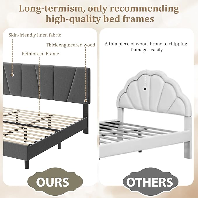 King Size Upholstered Platform Bed Frame with Adjustable Headboard, Fits 8-14 Inch Mattress, Heavy Duty Bed Frame with Wooden Slats Support, Noise-Free, Non-slip, No Box Spring Needed, Easy Assembly