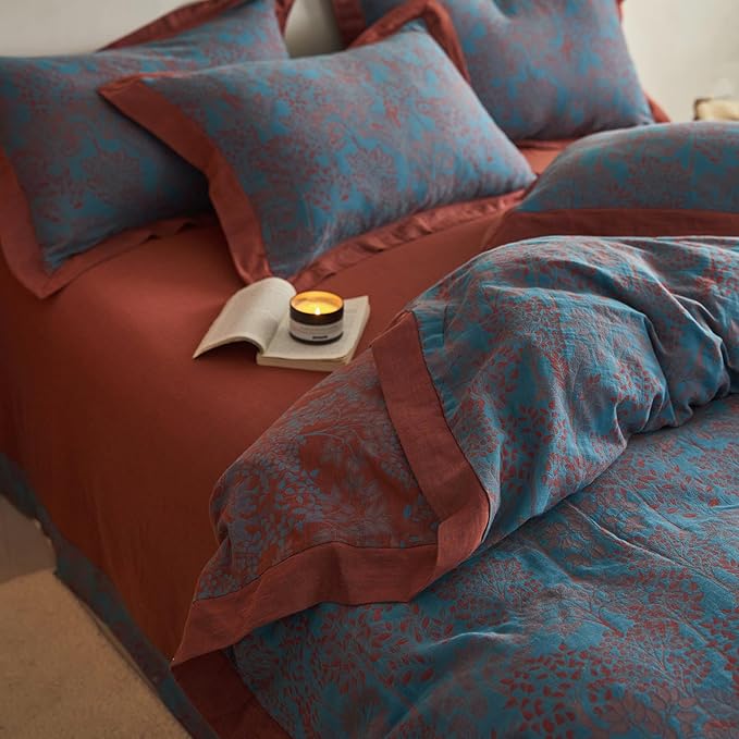VM VOUGEMARKET Jacquard Duvet Cover Set King,Yarn-Dyed Cotton Blue Red Tree Leaves Duvet Cover Bordered,Reversible Farmhouse Style Bedding Set King
