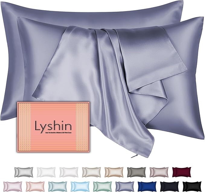 Silk Pillow Cases 2 Pack Standard Size with Hidden Zipper, Mulberry Silk Pillowcase for Hair and Skin, Smooth and Soft Breathable Cooling Silk Satin Pillowcase Set of 2, Gifts for Women，Grayish Blue