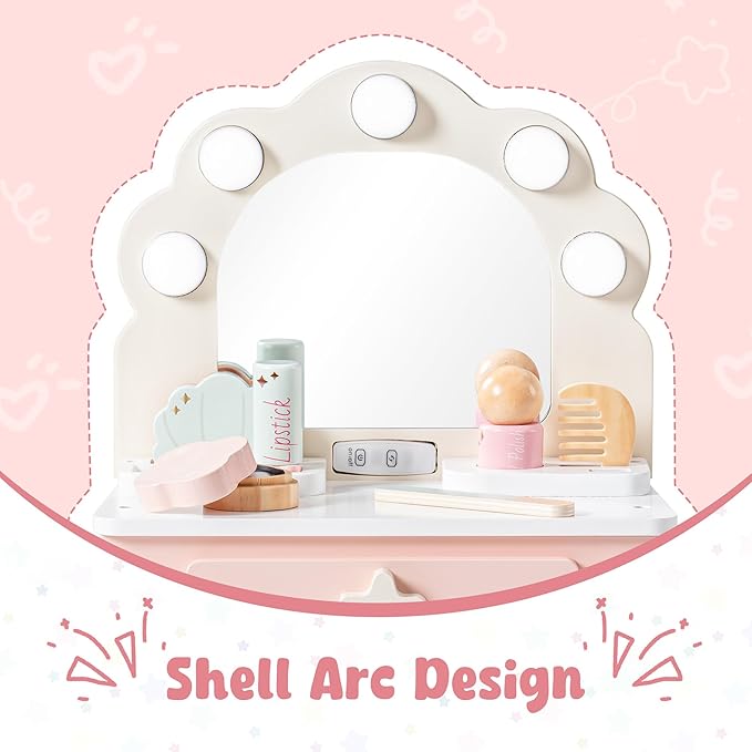 ROBOTIME Toddler Vanity Makeup Table Toy with Mirror & Light, Wooden Kids Makeup Vanity Set, Dressing Table with Accessories and Lights, Pretend Makeup Set for Little Girls