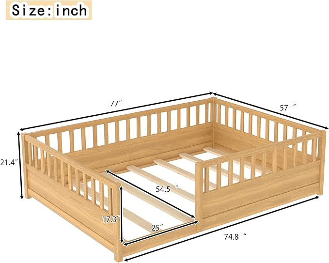 Bellemave Full Size Floor Bed with High Fence, Wood Montessori Bed with Slats and Guardrails, Full Size Montessori Floor Beds Frame for Kids, Girls, Boys, Natural