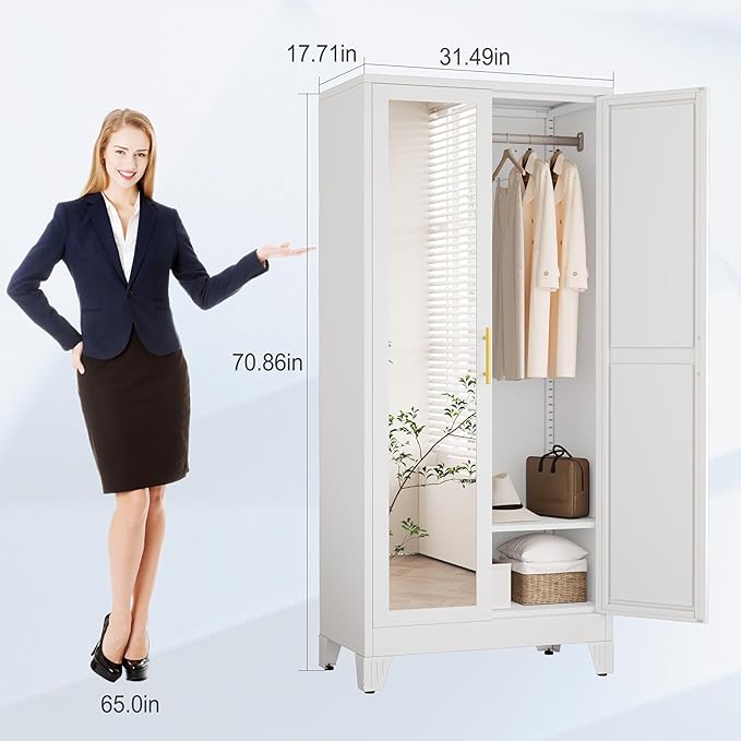 71" Metal Armoire Wardrobe Closet, Steel Clothing Storage Cabinet with Mirror and Adjustable Shelves, Household Steel Wardrobes Storage Cabinet with Adjustable Standing Feet and Hanging Rod（White）