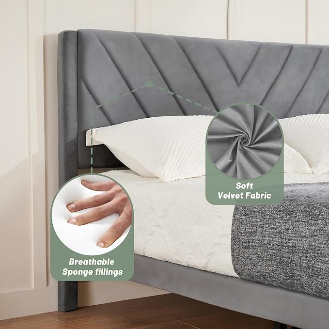 Full Bed Frame with Headboard, Bed Frame Full Size with Sturdy Wooden Slats Support, Platform Bed Frame with Velvet Upholstered Headboard, Mattress Foundation, Easy Assembly, No Box Spring Needed