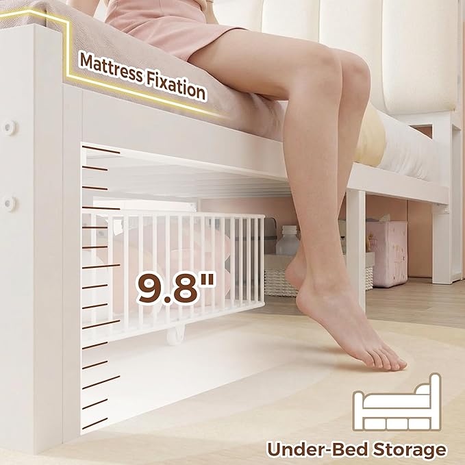 Jocoevol Twin Bed Frames with Storage Headboard for Kids, Upholstered White Bed Frame Twin Size with Storage Drawers and Charging Station,Velvet Platform Metal Bed, Noise-Free, No Box Spring Needed