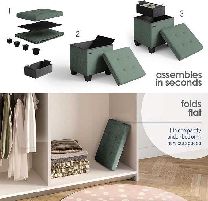 Storage Ottoman Cube with Small Bin, 15-in Square Ottoman with Storage for Living Room and Bedroom, Small Ottomans Foot Rest, Fabric Foot Stools Ottomans Max 330lbs, Green