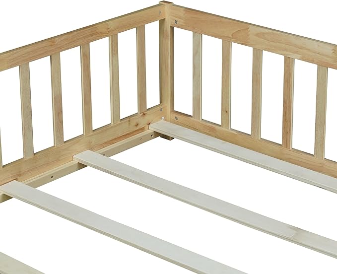 Bellemave Full Size Floor Bed with Slats and Safety Guardrail, Full Size Montessori Floor Bed with Fence and Door, Easy Assemble Montessori Beds for Kids, Girls, Boys, Natural