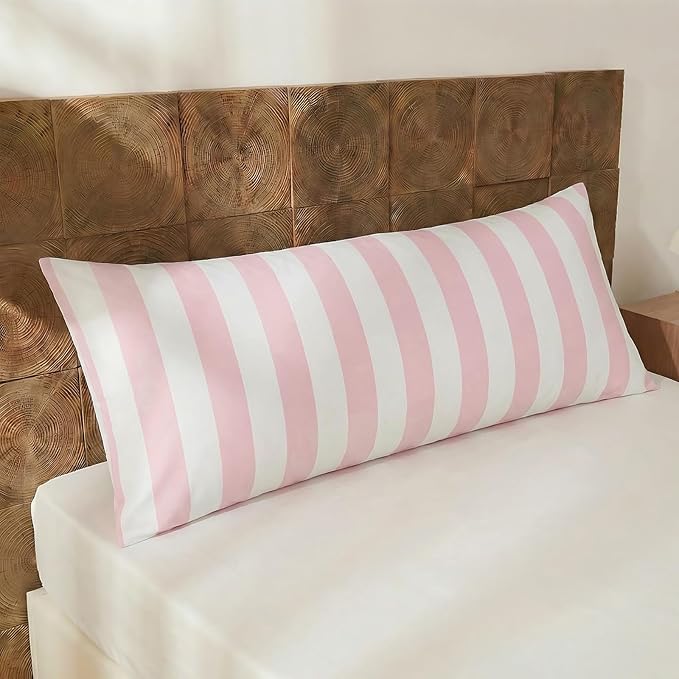 Merryword Body Pillow Cover 20x54inches, 100% Cotton Pillow Case, Pink and White Striped Pillowcase, Luxury Linen Like Pillowcase, Soft Breathable Wide Stripes Long Pillowcase, 1-Piece