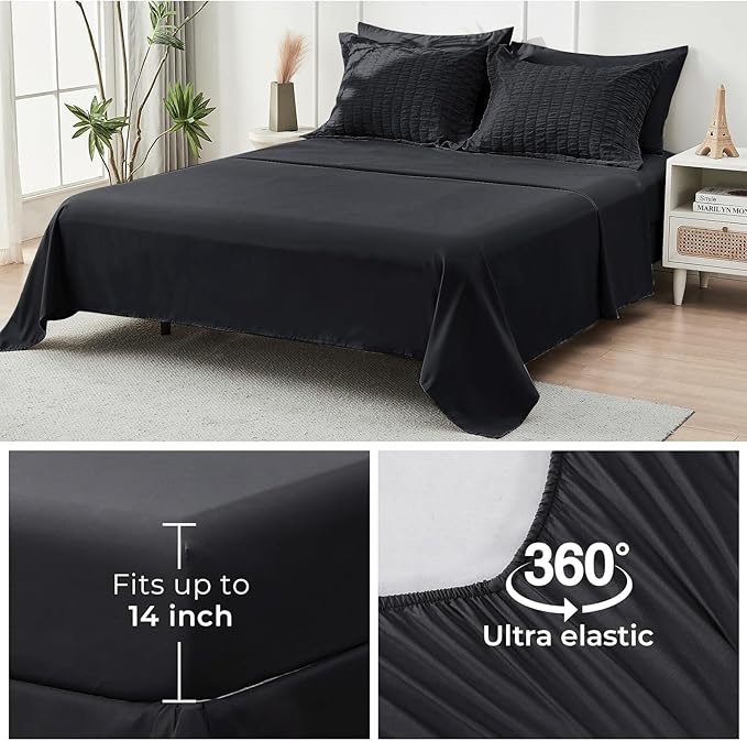 HYMOKEGE Black Oversized Queen Comforter Set Seersucker 7 Pieces, All Season Luxury Bed in a Bag for Bedroom, Bedding Set with Comforter, Sheets, Pillowcases & Shams