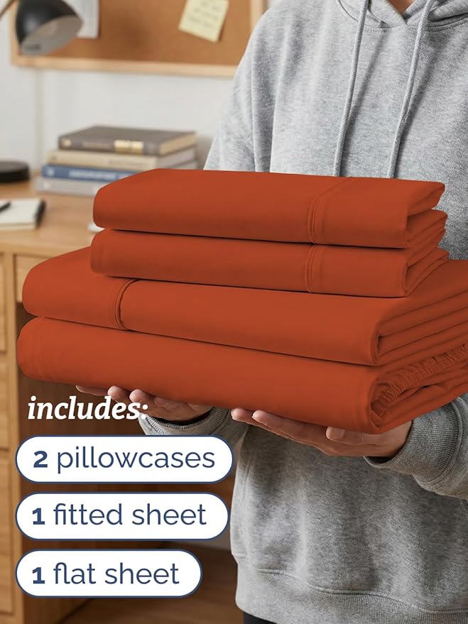 Twin XL 4 Piece Sheet Set - Comfy, Breathable & Cooling - Soft Hotel Luxury Bedding for Women, Men, Kids, Teens and Children - 1 Flat & 1 Fitted Sheet & 2 Pillowcases with Deep Pockets - Terracotta