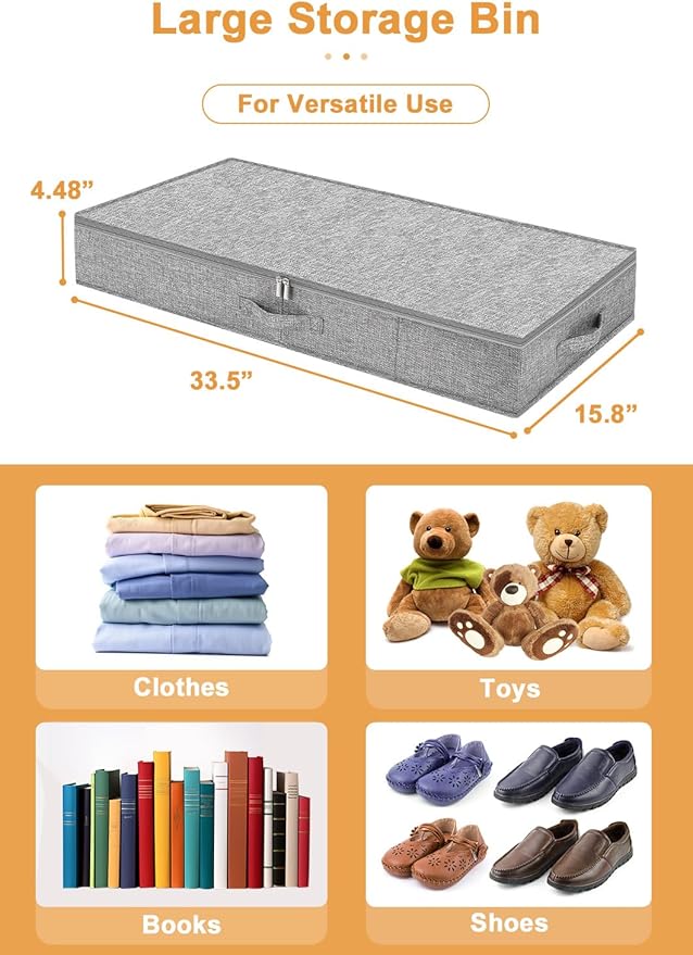 punemi 4.5 Inch Tall Under Bed Storage Containers,Low Profile Underbed Clothes Storage Bin with Sturdy Side & Bottom Support, Use as Clothes Organizer, Pillow and Blanket Organizer, 2 Pack, Grey