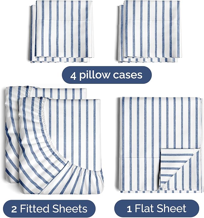 Split King 7 Piece Sheet Set - Comfy, Breathable & Cooling - Hotel Luxury Bedding for Women, Men, Kids, Teens and Children - 1 Flat & 2 Fitted Sheets & 4 Pillowcases w/ Deep Pockets - Blue Stripes 2