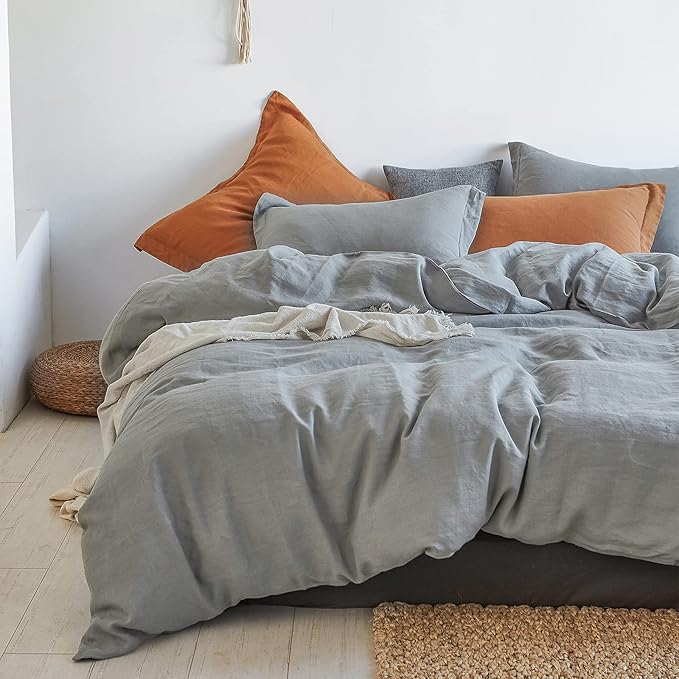 Simple&Opulence 100% Linen Duvet Cover Set 3pcs Basic Style Natural French Washed Flax Solid Color Soft Breathable Farmhouse Bedding with Button Closure - Ultimate Grey, Full