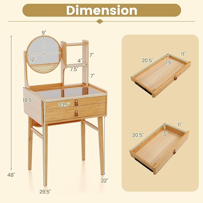 CHARMAID Small Vanity Desk with Mirror, Glass Top Bamboo Makeup Vanity Table with Storage Drawers & Shelves, Tabletop Groove, Rotatable Mirror, Compact Dressing Table for Bedroom Small Spaces, 23.5"W