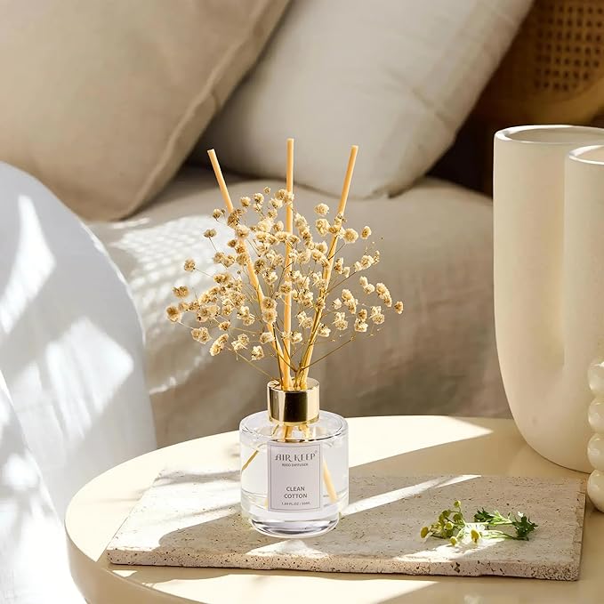 Airkeep Reed Diffuser Set of 3,Clean Cotton White Jasmine White Tea Oil Reed Diffusers for Bedroom Living Room Office Aromatherapy Oil Reed Diffuser for Gift 50ml x 3