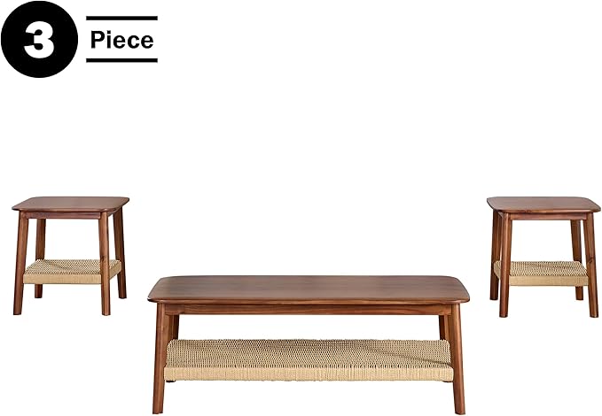 Alaterre Furniture Calais 3-Piece Solid Wood Coffee Table Set with 2 Side Tables – Mid Century Modern Living Room Tables with Woven Storage Shelves (Chestnut)