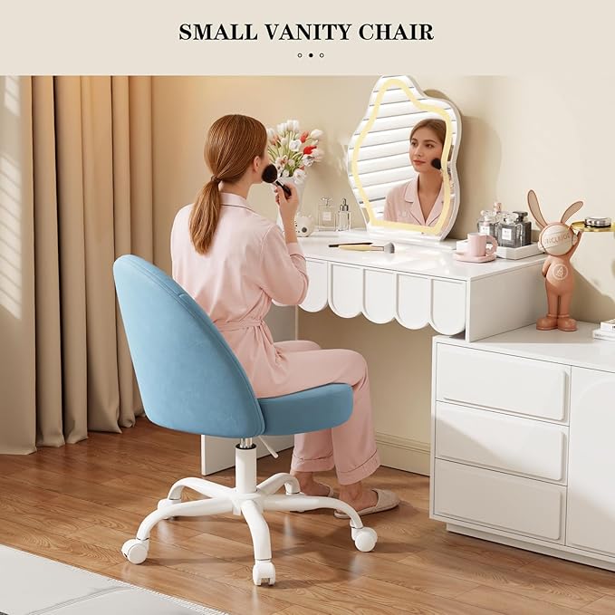 Velvet Vanity Chair with Wheels, Height Adjustable Swivel Makeup Chair, Armless Small Desk Chair for Bedroom/Office/Vanity Table, 250 lbs Capacity (Velvet, Blue)