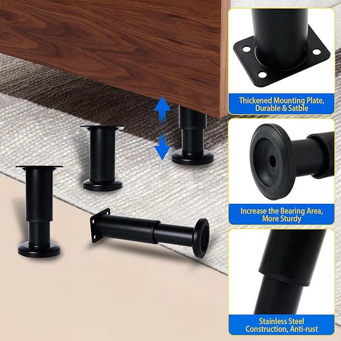 4 Pcs Adjustable Height Furniture Support Legs [with Screws] 3.15-4.72 inch, Metal Heavy Duty Furniture Replacement Legs for Chair/Bed/Sofa/Cabinet/Couch/Dresser/Bed/Table (Black)