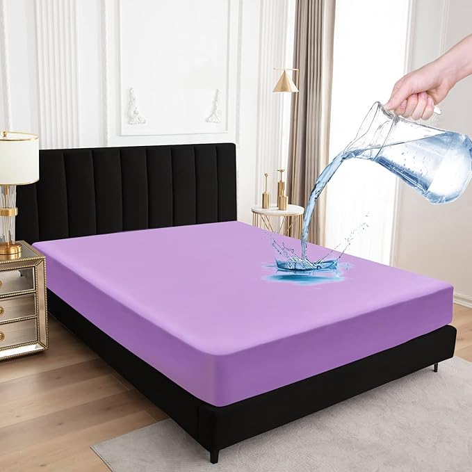 Sufdari Cal King Mattress Protector,Waterproof Mattress Protector,Fitted Sheet Style Mattress Cover with 18" Deep Pocket,Washable and Comfortable-Purple,California King