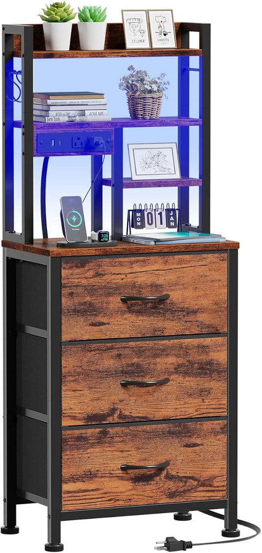 Furnulem Tall Night Stand with LED & USB Ports, 45.3inch Nightstand with Open Bookshelf, Bedside Table with 3 Fabric Drawers for Bedroom/Dorm/Office, Rustic Brown Wood-Metal Frame