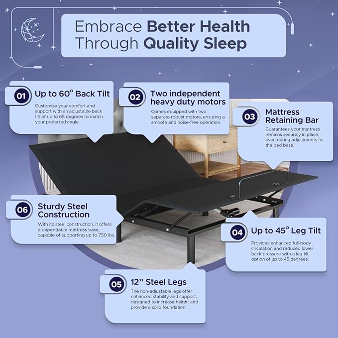 Celestial Aurora Adjustable Bed Base (Frame) + 10 inch Gel Memory Foam Mattress (Medium), Easy Assembly, Head and Foot Lift, Zero Gravity, Memory Positions, CertiPUR-US Bed - Full