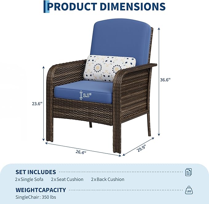 GarveeHome Outdoor Wicker Chairs Set of 2, All-Weather High Back Rattan Patio Furniture, 2-Piece Conversation Set with Comfy Cushions for Porch, Deck, Brown, Blue Cushion