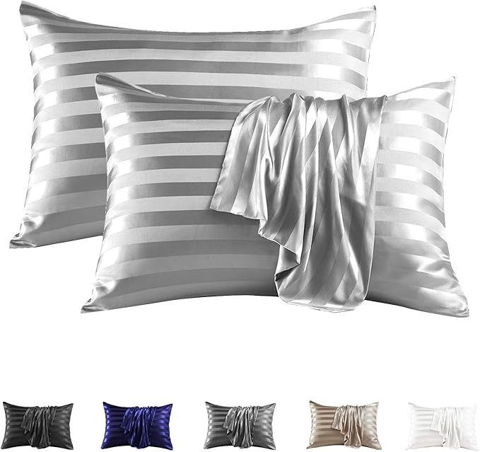 MR&HM Satin Pillowcase for Hair and Skin, Silk Satin Pillowcase 2 Pack, King Size Pillow Cases Set of 2, Silky Pillow Cover with Envelope Closure (20x40, Silver Grey Striped)