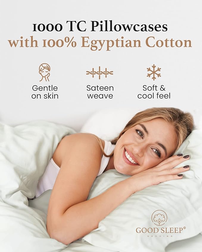 1000 TC Sage Standard Pillowcases Set of 2 100% Egyptian Cotton Pillow Cases with Long Staple Cotton & Sateen Weave, Silky Soft Hotel - Like Bed Pillow Covers for Comfy Sleeping, Snug Fit