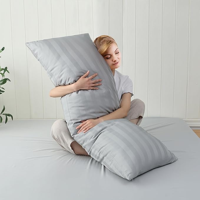 100% Cotton Soft Body Pillow Protectors with Invisible Zipper 20X54 Inches Body Pillow Cases, 600 Thread Count Soft Pillow Cases, Striped Gray Color 1-Pack