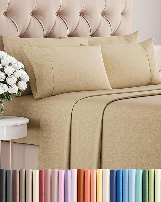 Full 6 Piece Sheet Set - Comfy Breathable & Cooling - Ultra Soft Hotel Luxury Bedding Set w/ 8-16 Inch Deep Pockets - 1 Flat & 1 Fitted Sheet & 4 Pillowcases - Wrinkle Free & Easy Care - Heathered Tan