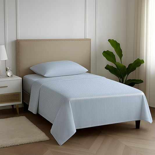 Carressa Linen Luxury Egyptian Cotton Twin Stripe Sheet Set - 600 Series Hydrangeas Collection Extra Long Staple 3 PC Set, Light Blue Twin Damask Sheets, Sateen Weave Sheets Upto 18 in Deep Pocket