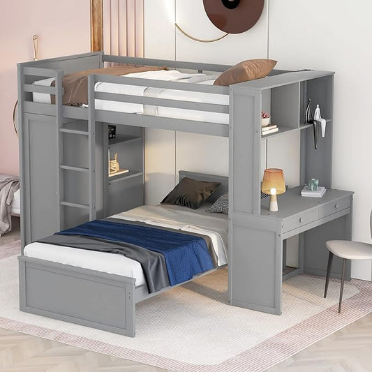JULYFOX Twin Loft Bunk Bed with Wardrobe, Wood Bunk Bed Twin Over Twin with Tilt Ladder Study Desk Shelves 2 Bed Frames Space Saving No Box Spring Needed(Twin Over Twin,Gray)