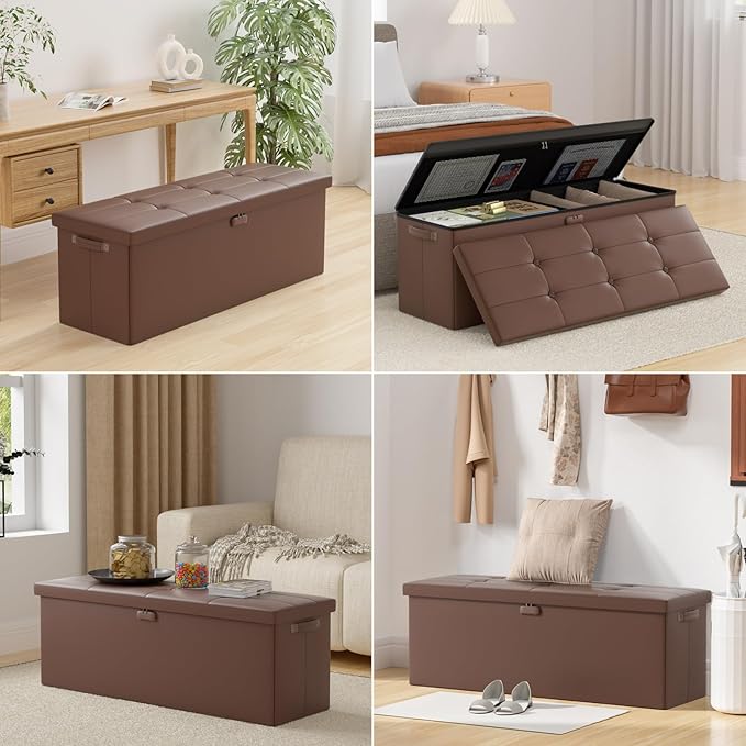 ENGPOW Storage Ottoman, Fireproof Folding Bench with Lock(15”x 43”x15”), Water-Resistant ＆ Heat Insulation Large Storage Chest with Handles＆2 Extra Spaces Safe for Living Room, Bedroom, Home, Brown