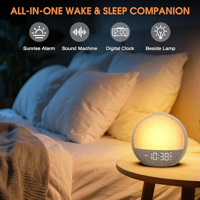 Sunrise Alarm Clock, White Noise Sound Machine with 30 Soothing Sounds, Dimmable Night Light, Natural Sunlight Lamp Gentle Wake Up Light for Bedrooms, Kids, Heavy Sleepers Adults, Baby, Ideal for Gift