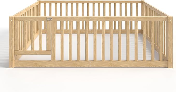Bellemave Full Montessori Floor Bed with 23.5" High Rails, Pine,Plywood Full Floor Bed with Small Door, Natural