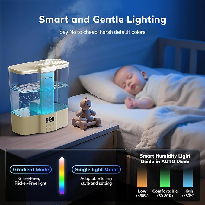Geek-Level Aeocky Humidifier for Baby, Quiet Ultrasonic Humidifiers for Bedroom, Nursery with Ambient Light, 4L Top-Fill Cool Mist Diffuser with Timer, Sleep, Auto, Constant Humidity Mode (Yellow)