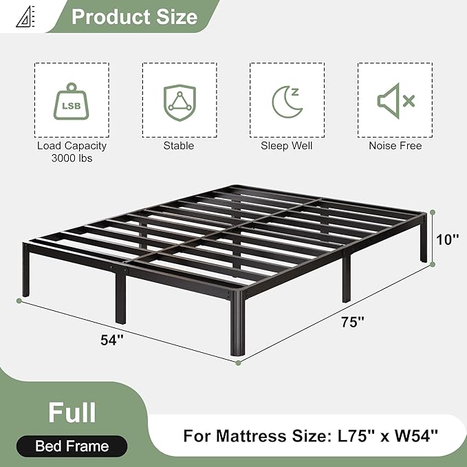 Lutown-Teen 10 Inch Full Size Bed Frame with Rounded Corner Legs, 2000 LBS Heavy Duty Metal Full Platform Bed Frame No Box Spring Needed, Noise Free, Easy Assembly, Black