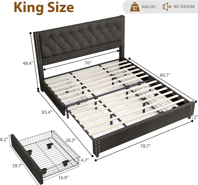 EVLIQUIL Bed Frame King Size with 4 Storage Drawers, Upholstered Headboard & Frame, Sturdy Metal Frame & Wood Slats, Platform Bed Frame No Box Spring Needed, Easy Assembly, Black