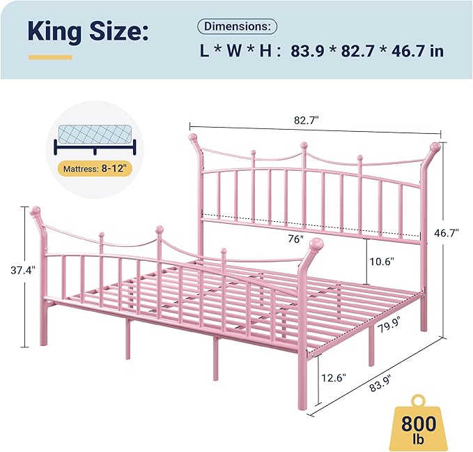 Allewie 14 Inches King Size Metal Platform Bed Frame with Elegant Crown Iron-Art Headboard & Footboard, Sturdy Mattress Foundation with Under-Bed Storage, Easy Assembly, No Box Spring Needed, Pink