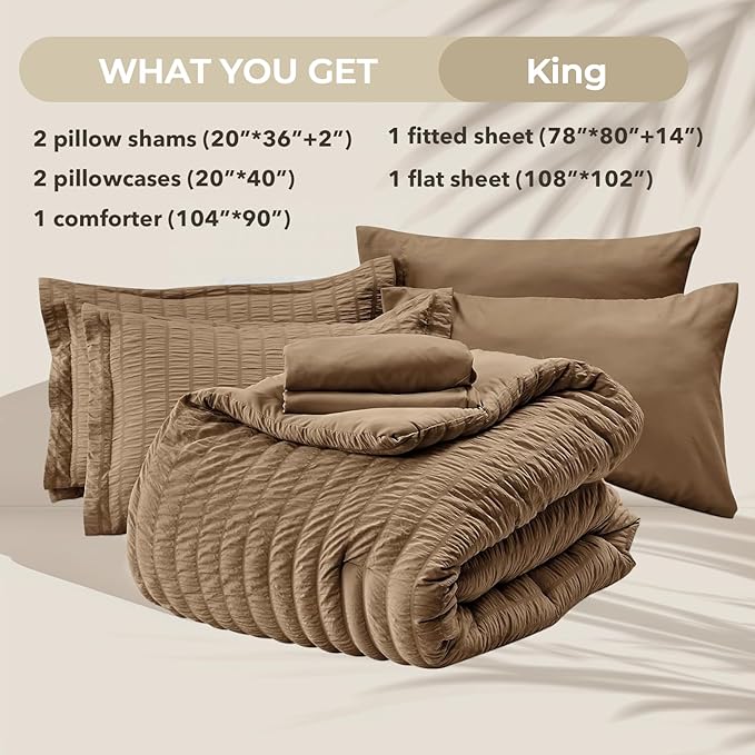 HYMOKEGE Brown King Size Comforter Set Seersucker 7 Pieces, All Season Luxury Bed in a Bag for Bedroom, Bedding Set with Comforter, Sheets, Pillowcases & Shams