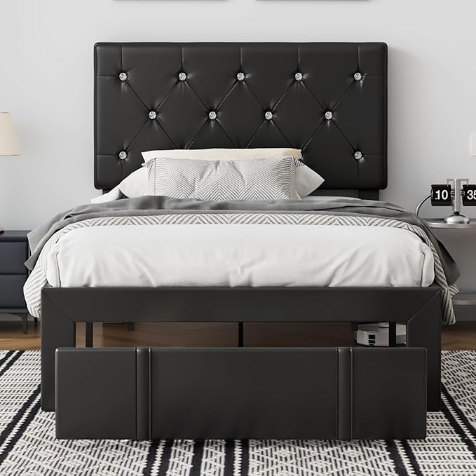 VECELO Twin Size Bed Frame with Storage Drawers, Leather Upholstered Bedframe with Diamond Tufted Headboard, Solid Wood Slat Support, No Box Spring Needed, PU Black