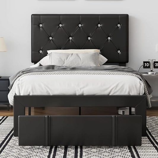 VECELO Twin Size Bed Frame with Storage Drawers, Leather Upholstered Bedframe with Diamond Tufted Headboard, Solid Wood Slat Support, No Box Spring Needed, PU Black
