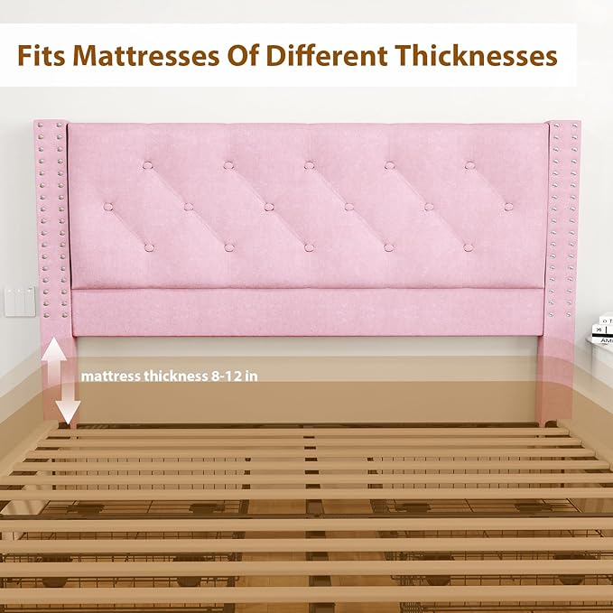EVLIQUIL Bed Frame Full Size with 4 Storage Drawers, Upholstered Headboard & Frame, Sturdy Metal Frame & Wood Slats, Platform Bed Frame No Box Spring Needed, Easy Assembly, Pink