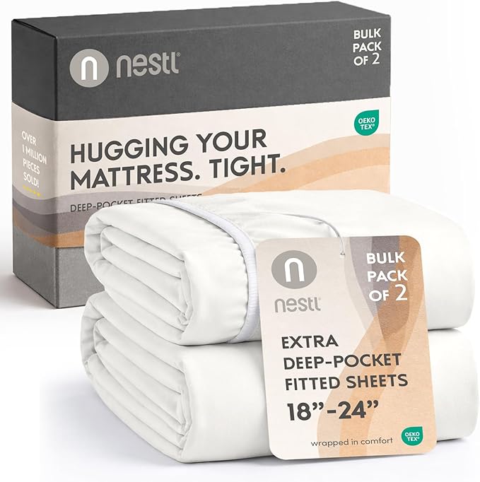 Nestl 2 Pack Off White Fitted Sheet Extra Deep Pocket, Hotel Luxury KingFitted Sheet Only Easily Fits 18 to 24 Inch Mattress, Super Soft, Wrinkle-Free and Breathable with Corner Straps