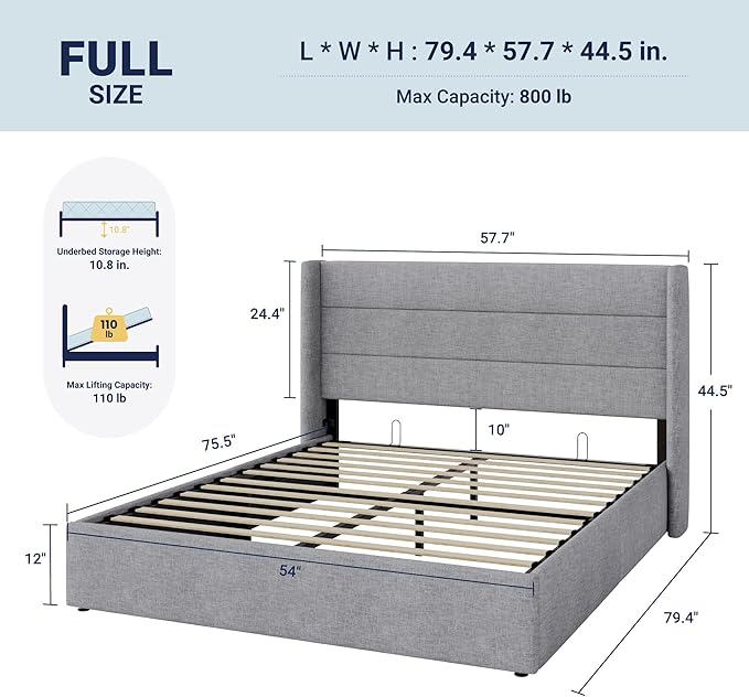 Allewie Full Size Lift Up Storage Bed, Modern Wingback Headboard, Hydraulic Support, No Box Spring Needed, Light Grey